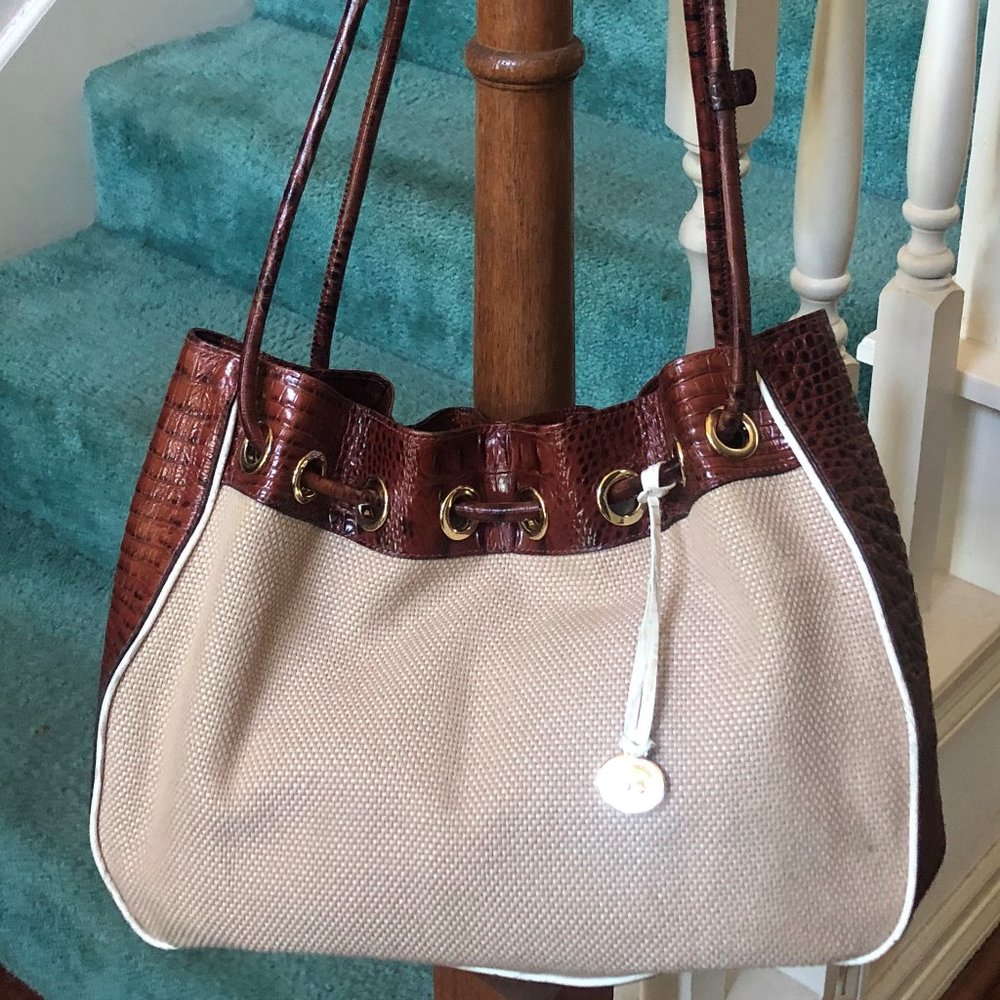 BRAHMIN Double Raffia Weave/ Crocodile Embossed Brown Leather Bucket Tote